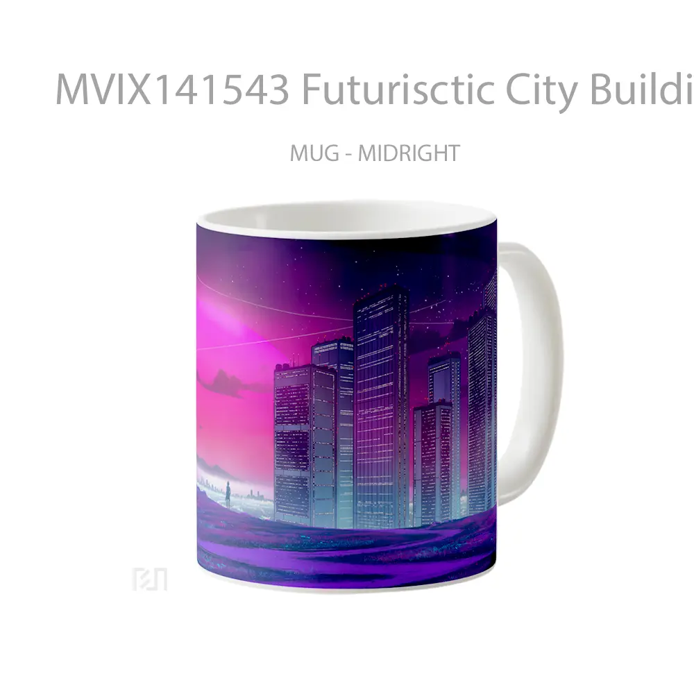 Mug Futurisctic City Building Night Sky Moon Sci Fi Digital Art Gelas Pemandangan Alam - All-side / Desain