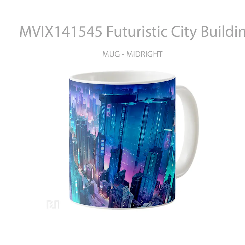 Mug Futuristic City Buildings Cyberpunk Sci Fi Gelas Keramik Unik - All-side / Desain