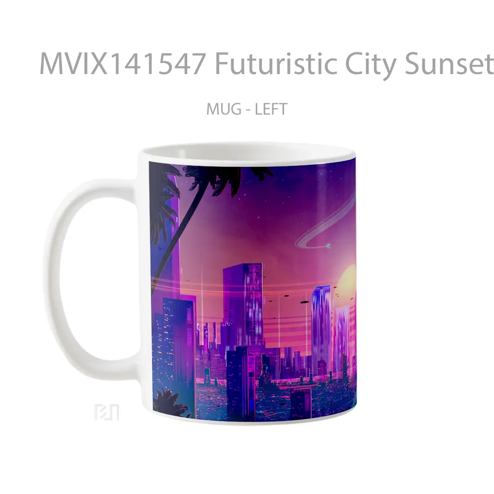 Mug Futuristic City Sunset Vaporwave Synthwave Digital Art Gelas Pemandangan Alam - All-side / Desain