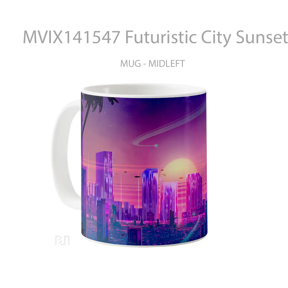 Mug Futuristic City Sunset Vaporwave Synthwave Digital Art Gelas Pemandangan Alam - All-side / Desain