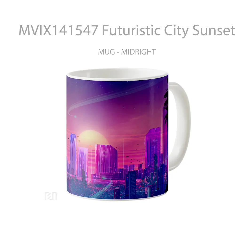 Mug Futuristic City Sunset Vaporwave Synthwave Digital Art Gelas Pemandangan Alam - All-side / Desain