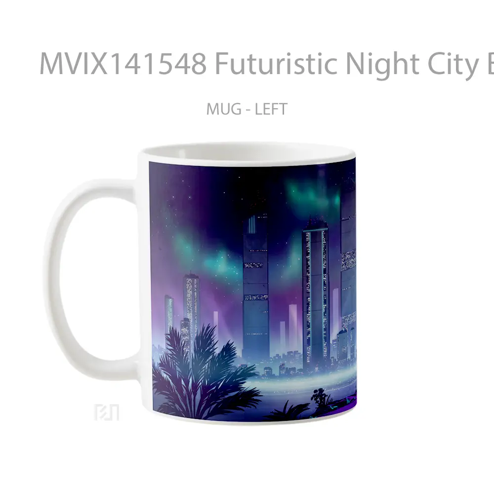 Mug Futuristic Night City Buildings Sci Fi Digital Art Gelas Keramik Unik - All-side / Desain