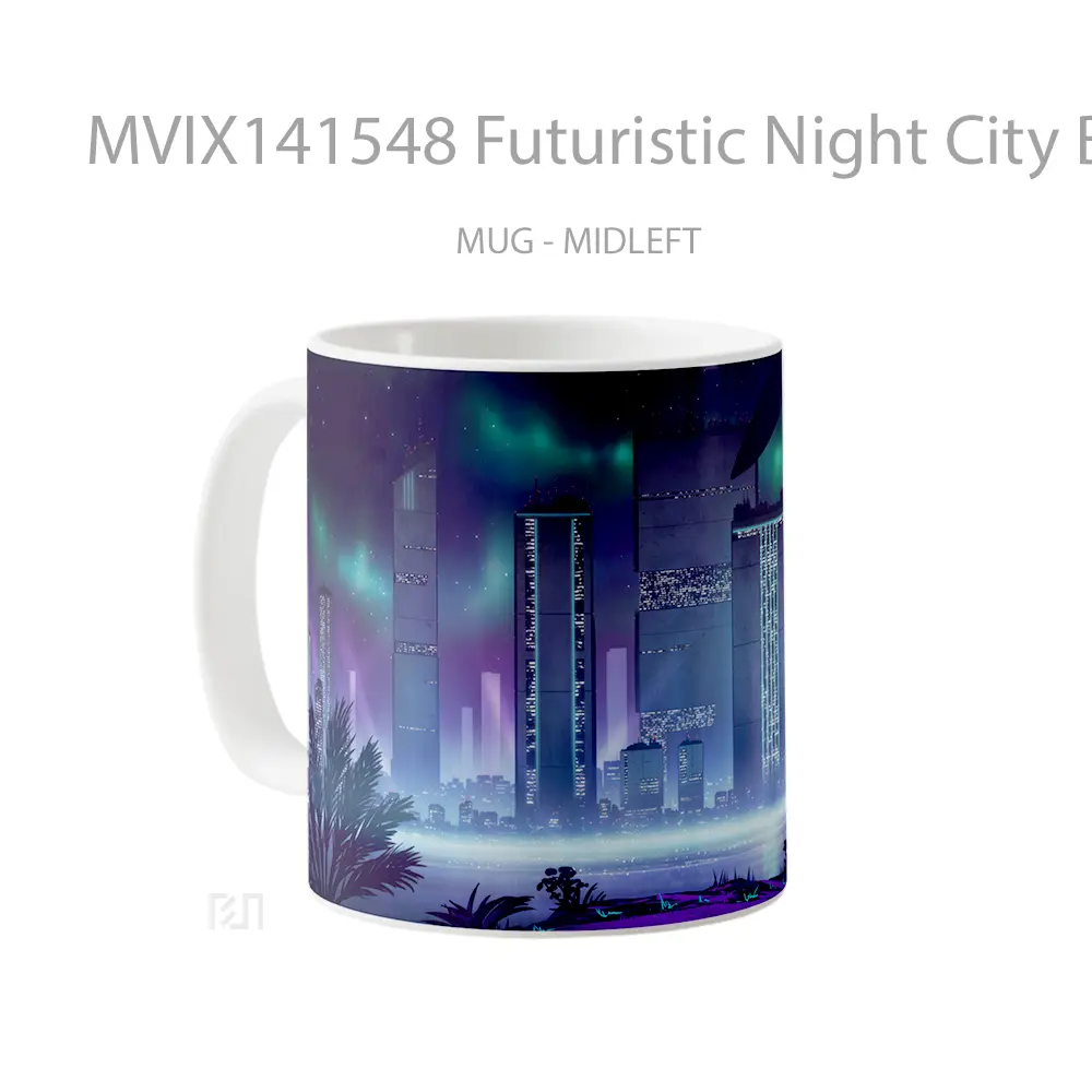 Mug Futuristic Night City Buildings Sci Fi Digital Art Gelas Keramik Unik - All-side / Desain