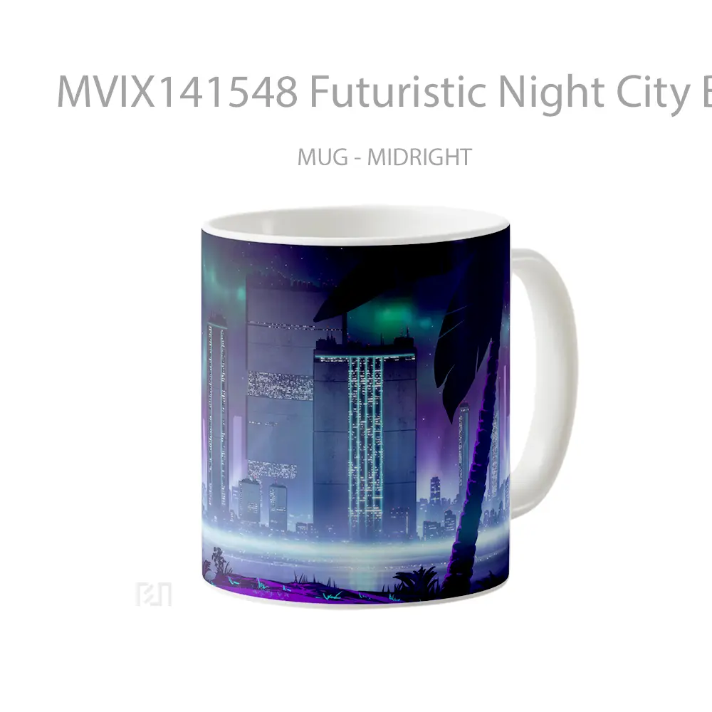 Mug Futuristic Night City Buildings Sci Fi Digital Art Gelas Keramik Unik - All-side / Desain