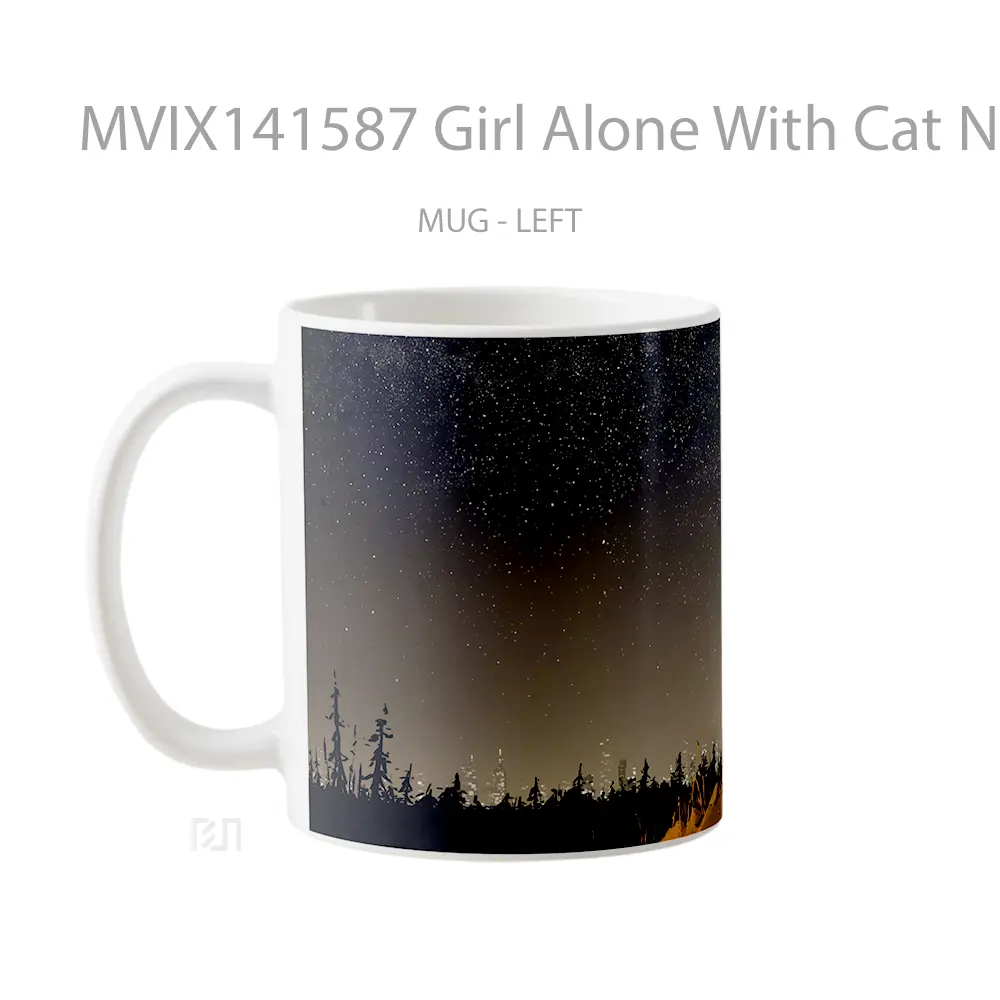 Mug Girl Alone With Cat Night Sky Stars Scenery Digital A Gelas Hewan Lucu - All-side / Desain