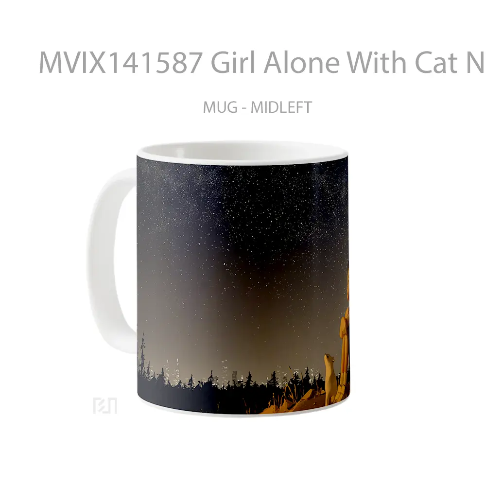Mug Girl Alone With Cat Night Sky Stars Scenery Digital A Gelas Hewan Lucu - All-side / Desain