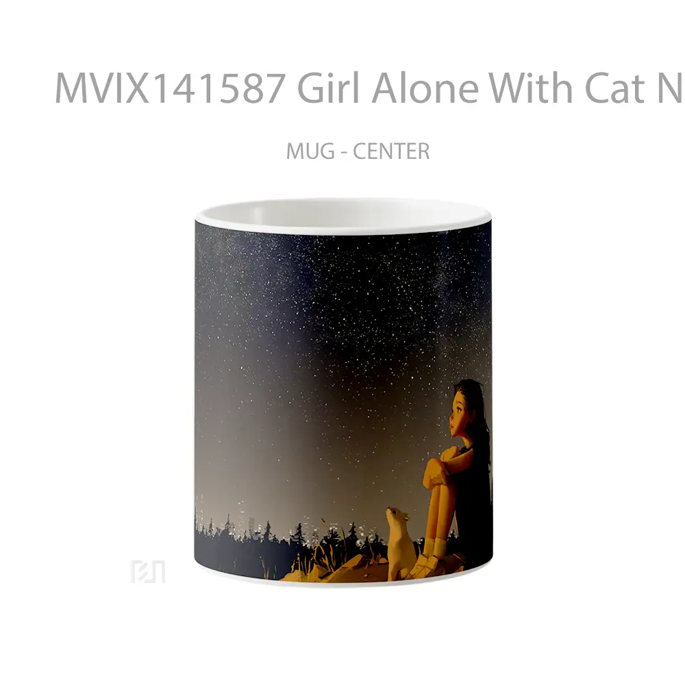 Mug Girl Alone With Cat Night Sky Stars Scenery Digital A Gelas Hewan Lucu