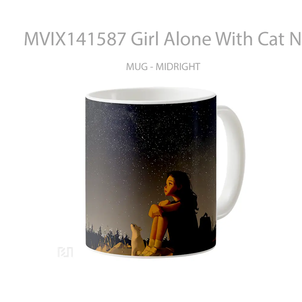 Mug Girl Alone With Cat Night Sky Stars Scenery Digital A Gelas Hewan Lucu - All-side / Desain