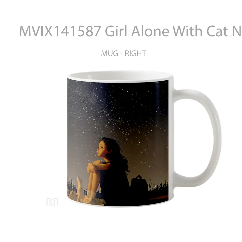 Mug Girl Alone With Cat Night Sky Stars Scenery Digital A Gelas Hewan Lucu - All-side / Desain