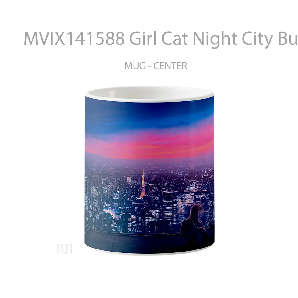 Mug Girl Cat Night City Buildings Scener Gelas Hewan Lucu
