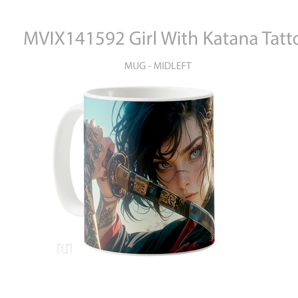 Mug Girl With Katana Tattoo Kimono Fantasy Gelas Keramik Unik - All-side / Desain