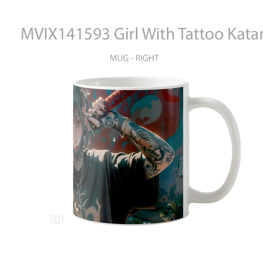 Mug Girl With Tattoo Katana Digital Art Gelas Keramik Unik - All-side / Desain
