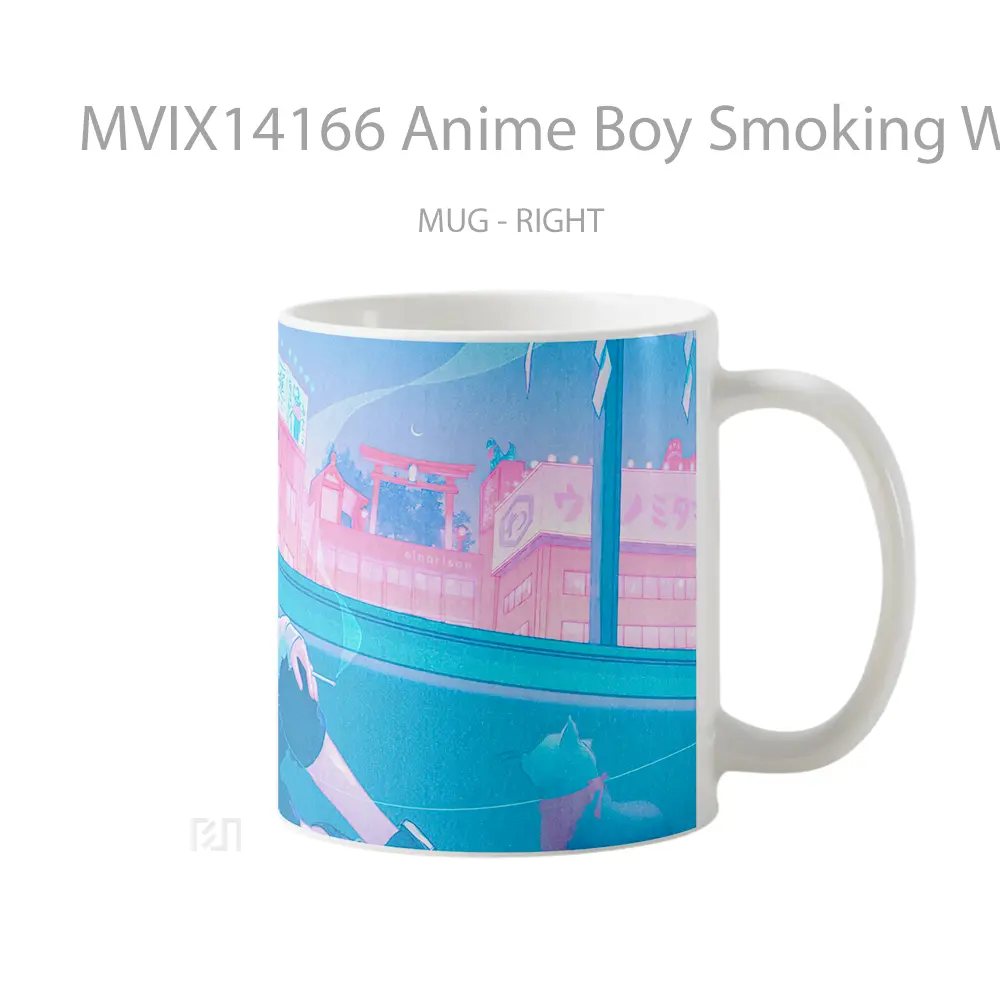 Mug Anime Boy Smoking With Cat Digital Ar Gelas Hewan Lucu - All-side / Desain