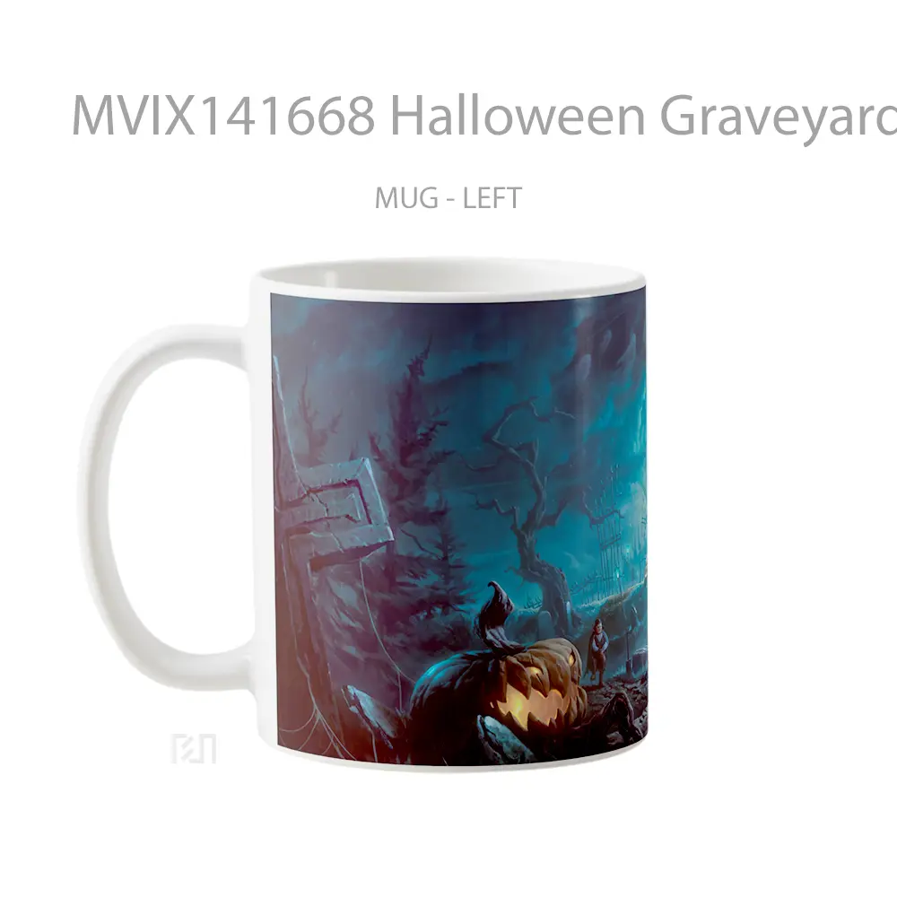 Mug Halloween Graveyard Pumpkin Night Gelas Keramik Unik - All-side / Desain