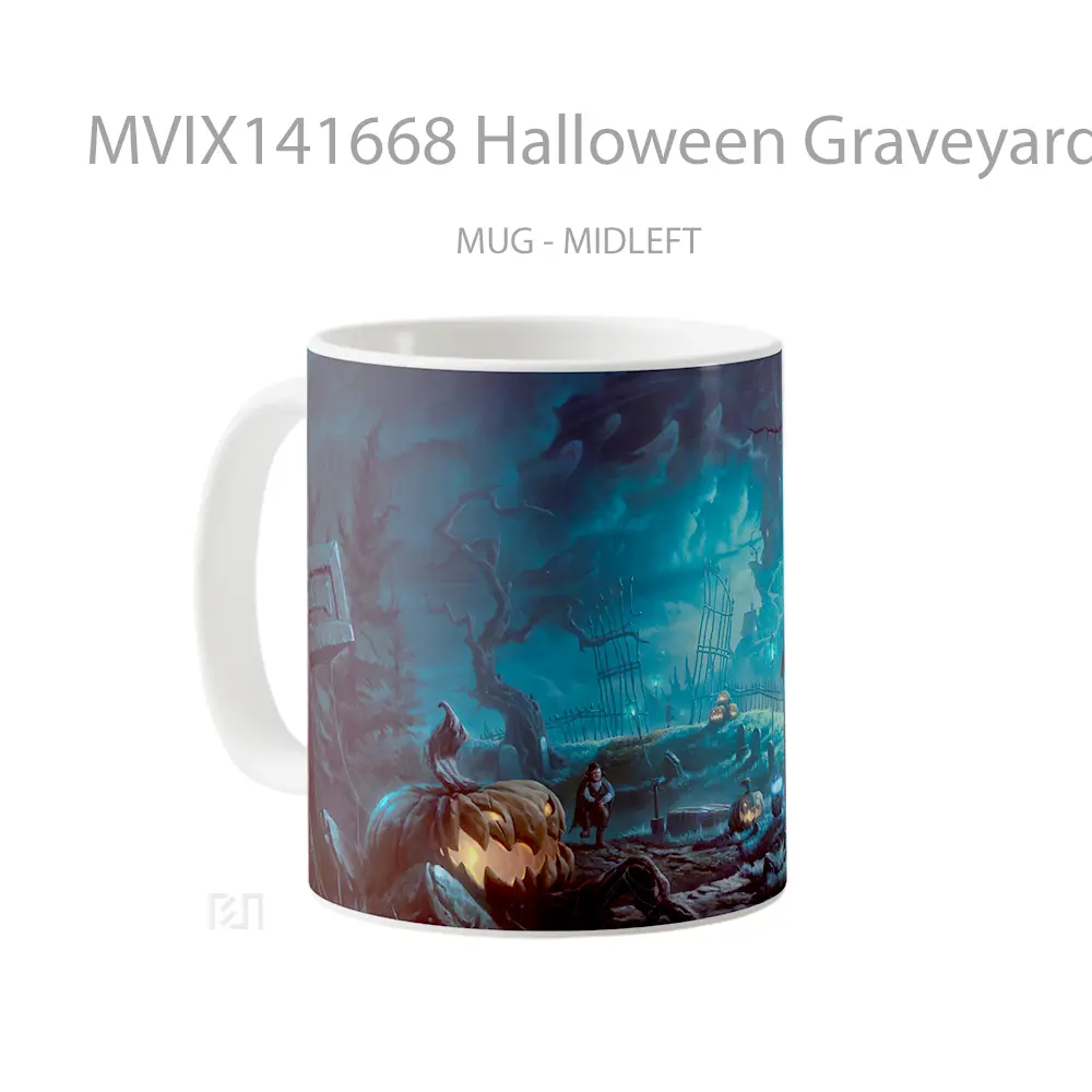 Mug Halloween Graveyard Pumpkin Night Gelas Keramik Unik - All-side / Desain