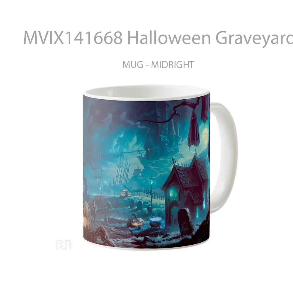 Mug Halloween Graveyard Pumpkin Night Gelas Keramik Unik - All-side / Desain