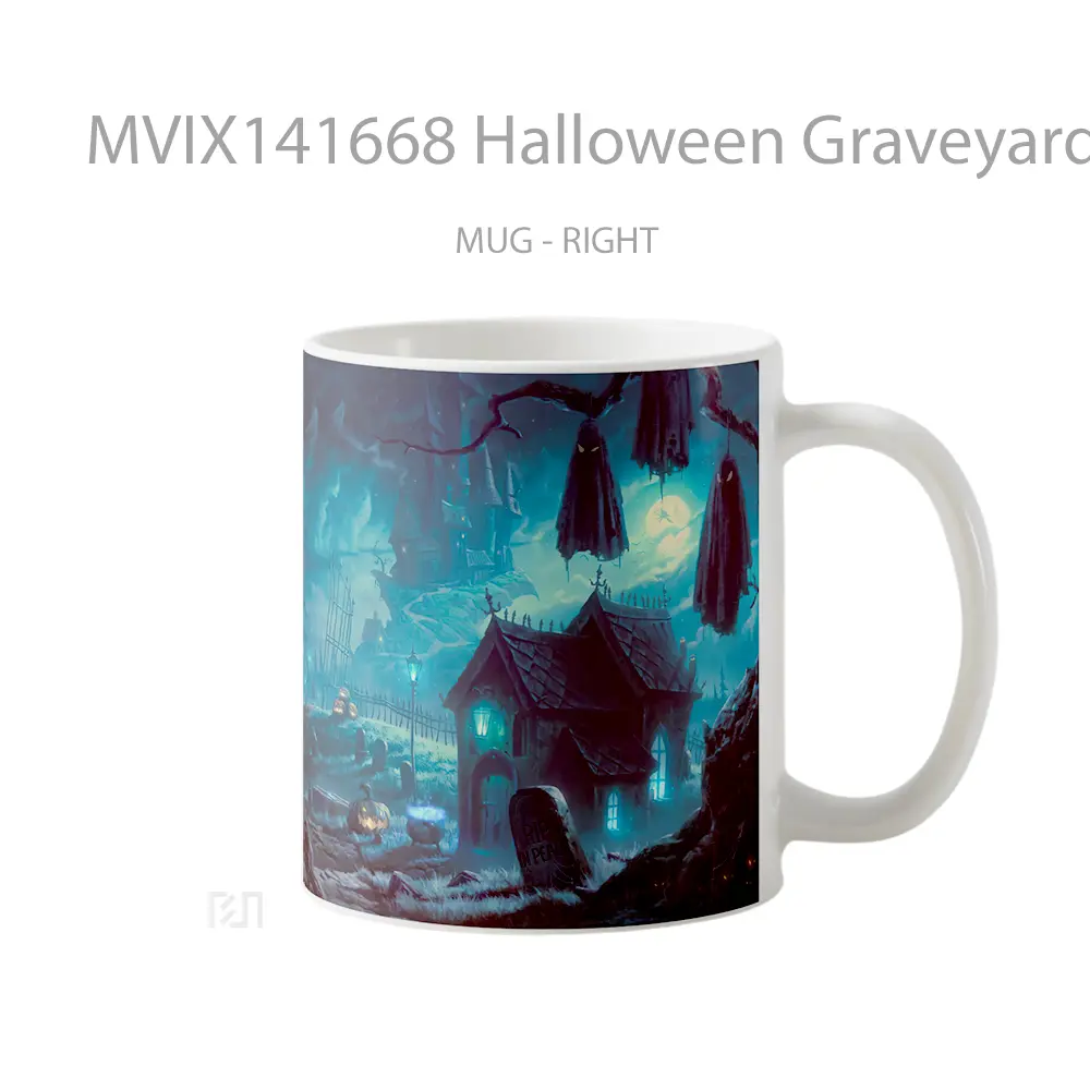 Mug Halloween Graveyard Pumpkin Night Gelas Keramik Unik - All-side / Desain