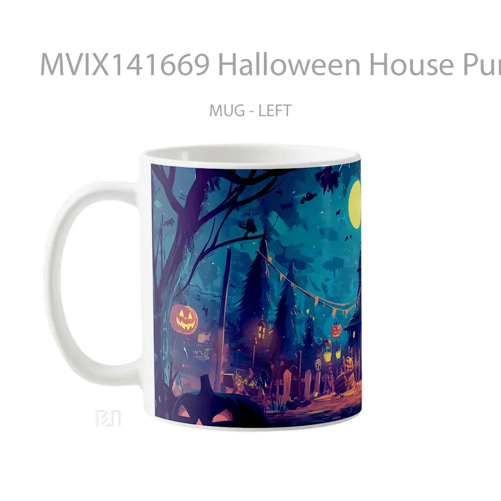 Mug Halloween House Pumpkin Head Full Moon Gelas Keramik Unik - All-side / Desain