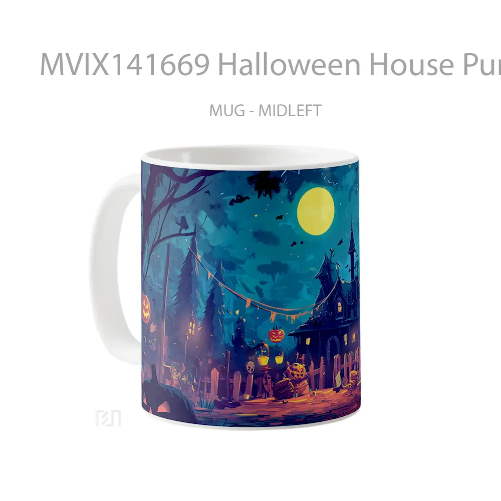 Mug Halloween House Pumpkin Head Full Moon Gelas Keramik Unik - All-side / Desain