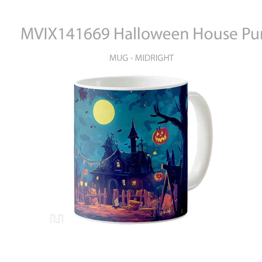 Mug Halloween House Pumpkin Head Full Moon Gelas Keramik Unik - All-side / Desain