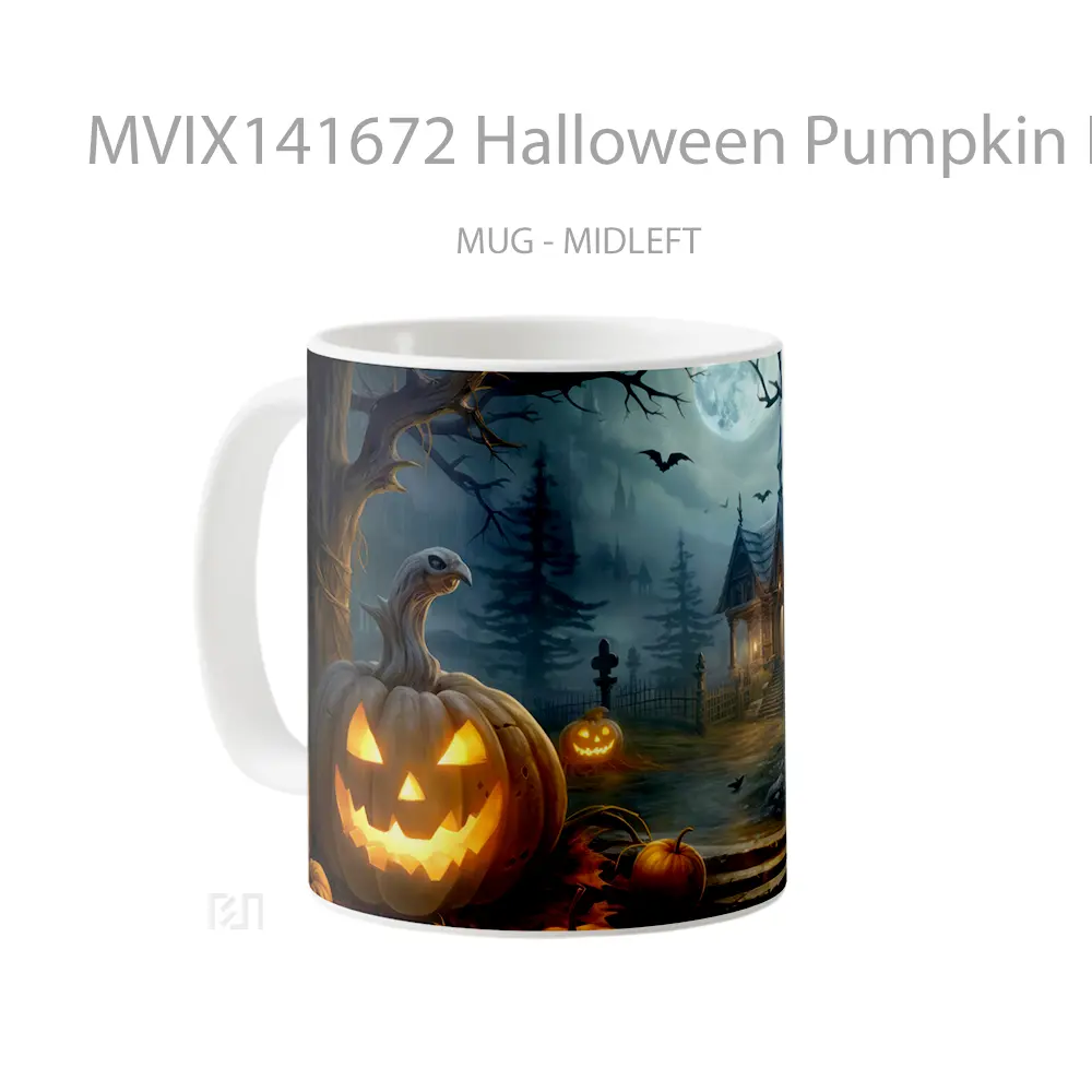 Mug Halloween Pumpkin House Digital Art Gelas Keramik Unik - All-side / Desain