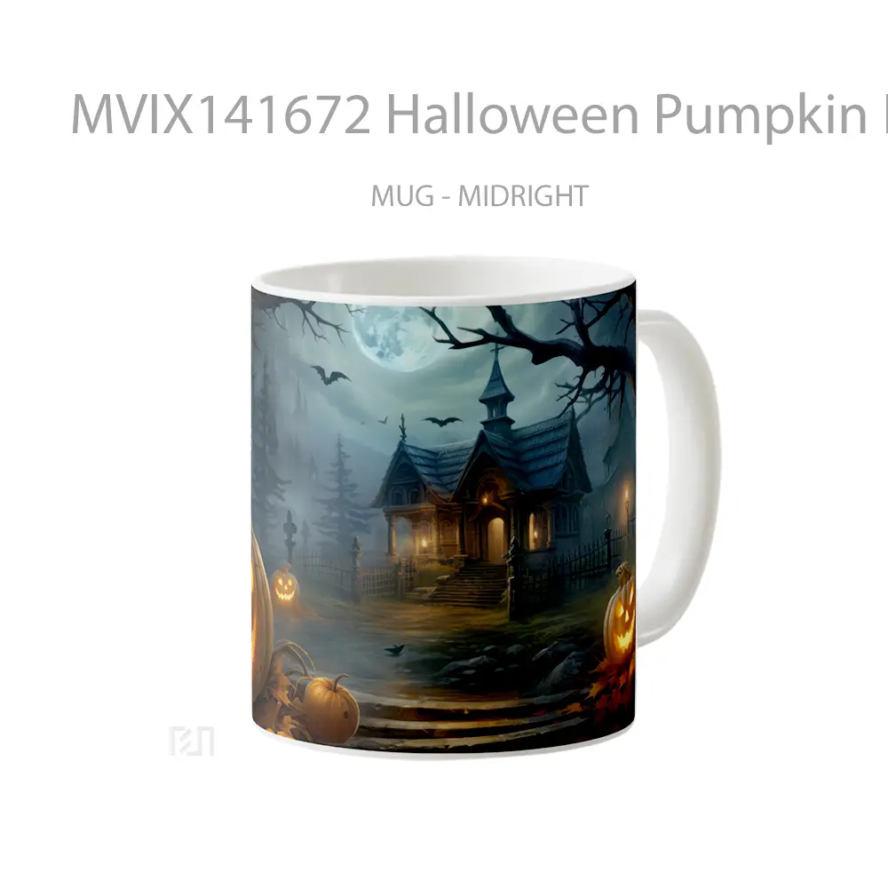 Mug Halloween Pumpkin House Digital Art Gelas Keramik Unik - All-side / Desain