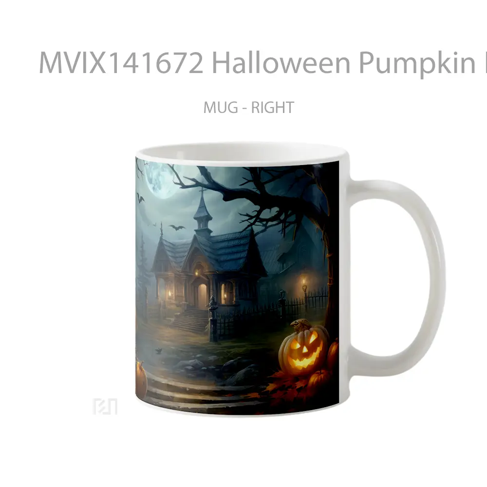 Mug Halloween Pumpkin House Digital Art Gelas Keramik Unik - All-side / Desain