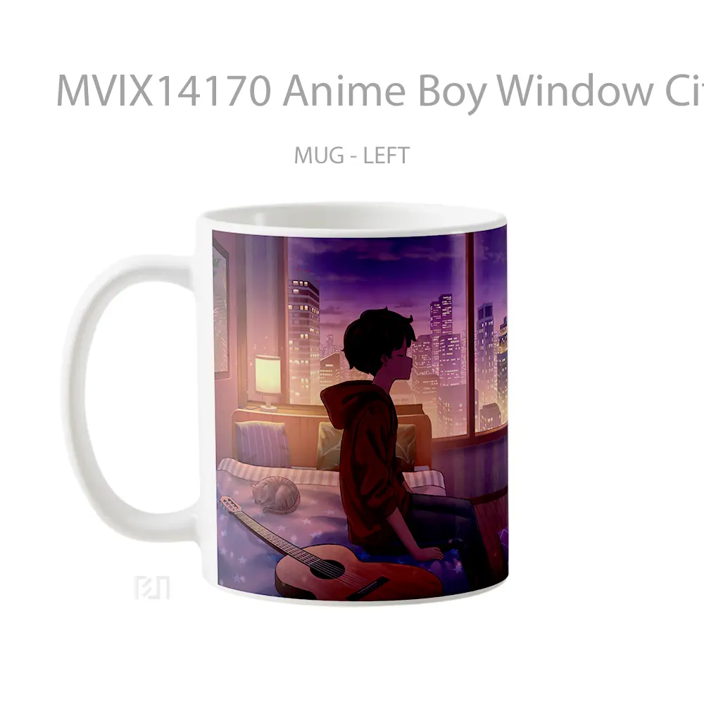 Mug Anime Boy Window City Building Scenery Room Bed Guitar Cangkir Anime - All-side / Desain