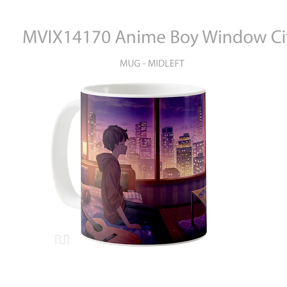 Mug Anime Boy Window City Building Scenery Room Bed Guitar Cangkir Anime - All-side / Desain