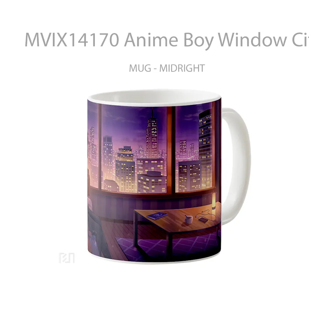 Mug Anime Boy Window City Building Scenery Room Bed Guitar Cangkir Anime - All-side / Desain