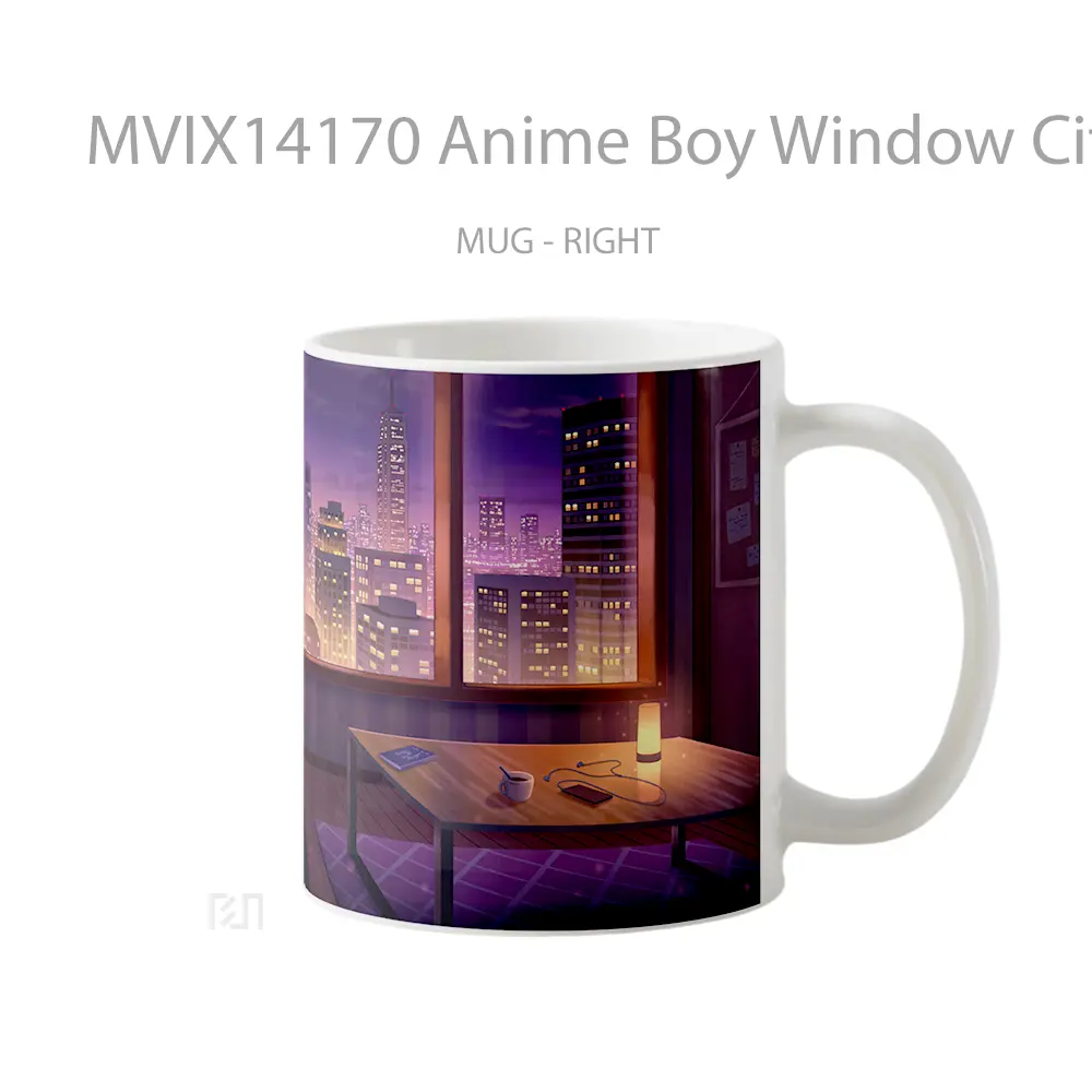 Mug Anime Boy Window City Building Scenery Room Bed Guitar Cangkir Anime - All-side / Desain