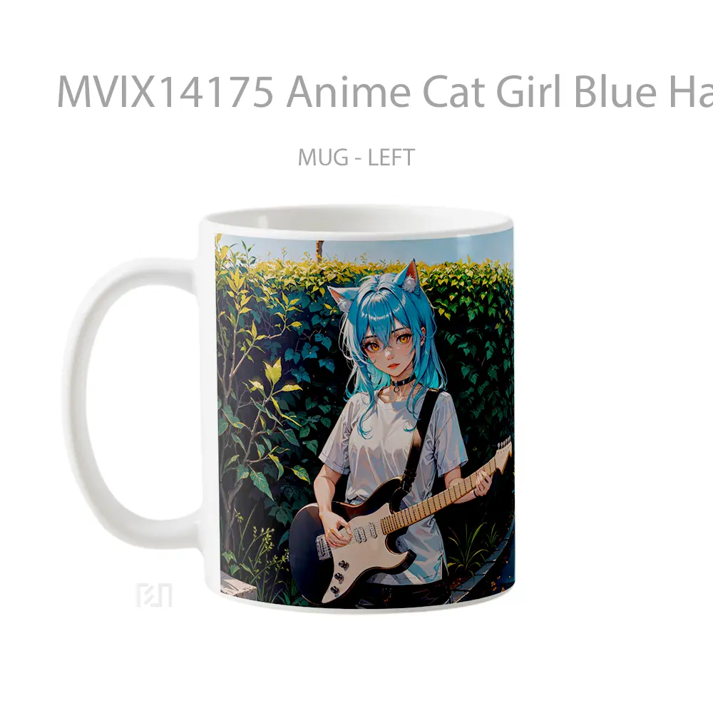 Mug Anime Cat Girl Blue Hair Playing Guitar Yellow Eyes Gelas Hewan Lucu - All-side / Desain