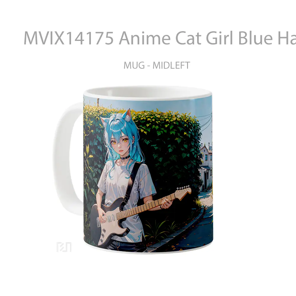 Mug Anime Cat Girl Blue Hair Playing Guitar Yellow Eyes Gelas Hewan Lucu - All-side / Desain