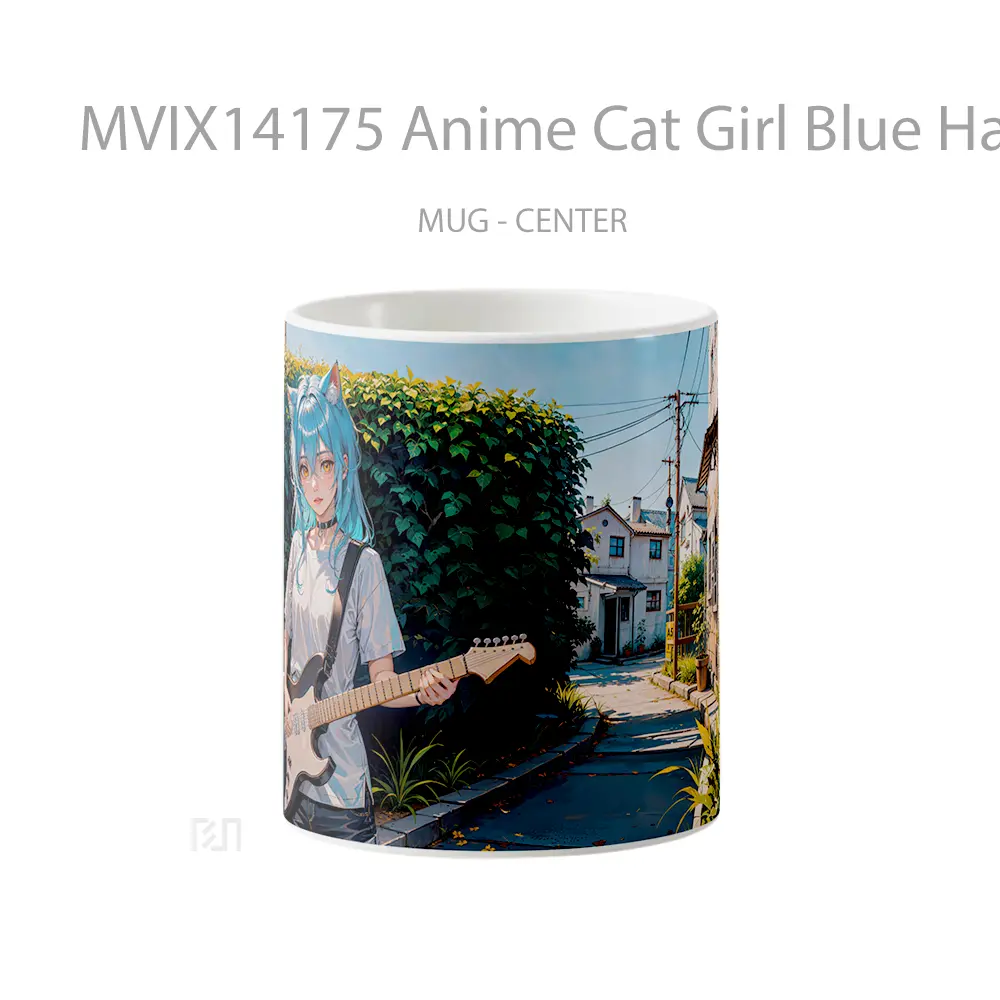 Mug Anime Cat Girl Blue Hair Playing Guitar Yellow Eyes Gelas Hewan Lucu