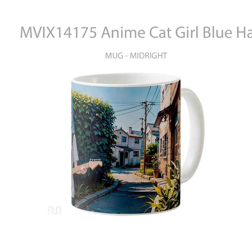 Mug Anime Cat Girl Blue Hair Playing Guitar Yellow Eyes Gelas Hewan Lucu - All-side / Desain