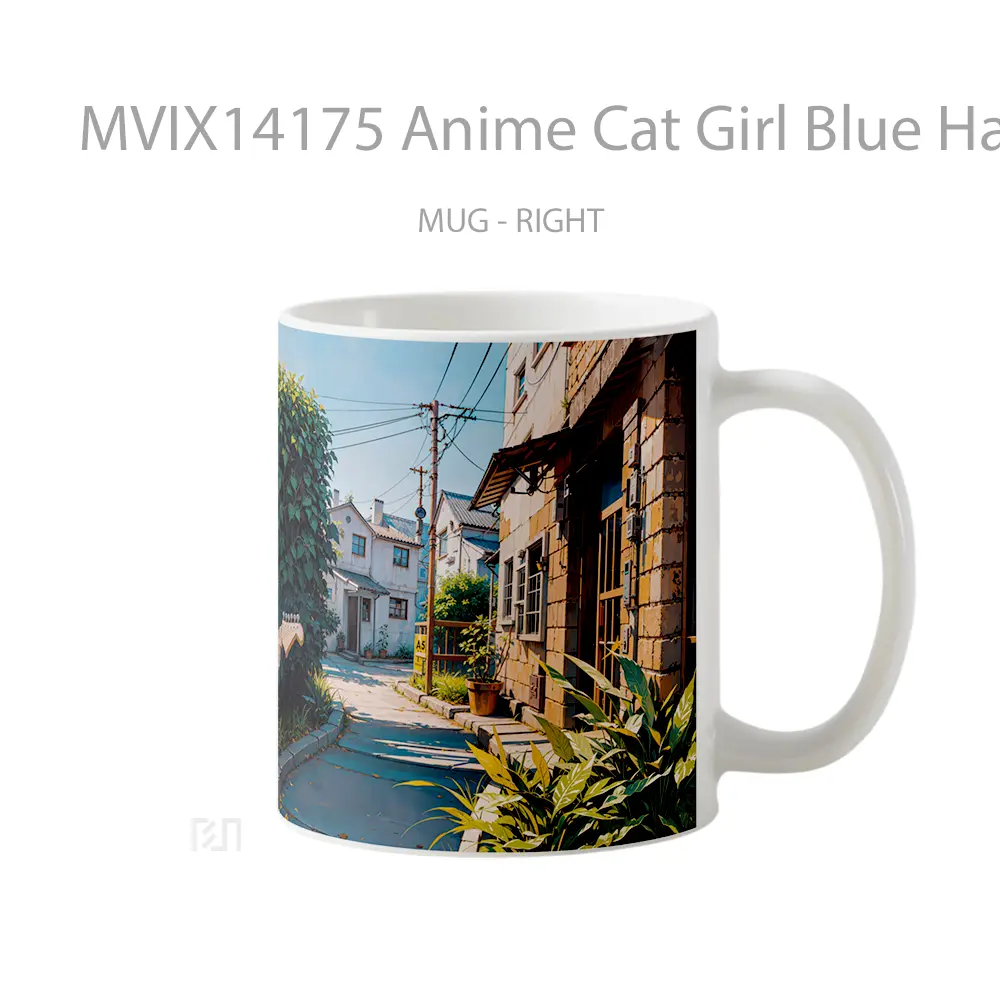 Mug Anime Cat Girl Blue Hair Playing Guitar Yellow Eyes Gelas Hewan Lucu - All-side / Desain