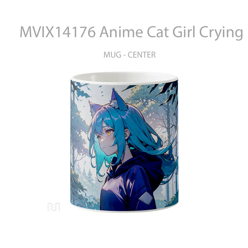 Mug Anime Cat Girl Crying Blue Hair Yellow Eyes Gelas Hewan Lucu