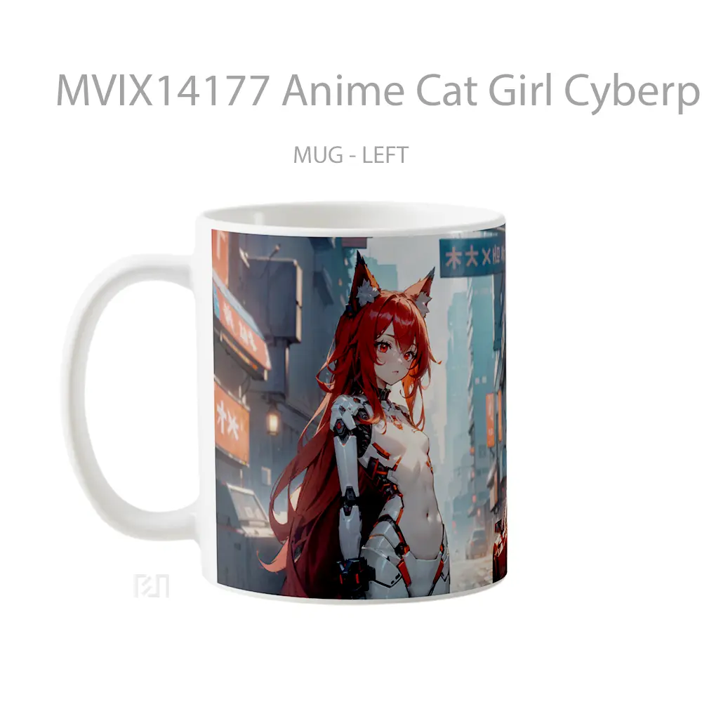 Mug Anime Cat Girl Cyberpunk Red Hair Red Eyes Gelas Hewan Lucu - All-side / Desain
