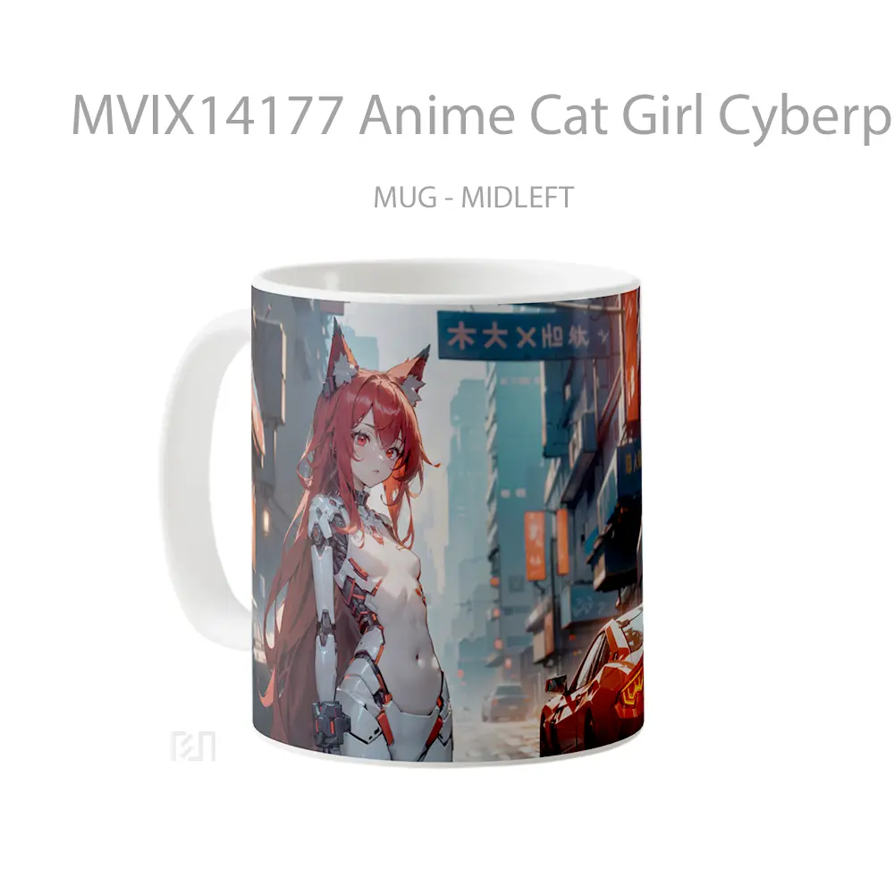 Mug Anime Cat Girl Cyberpunk Red Hair Red Eyes Gelas Hewan Lucu - All-side / Desain
