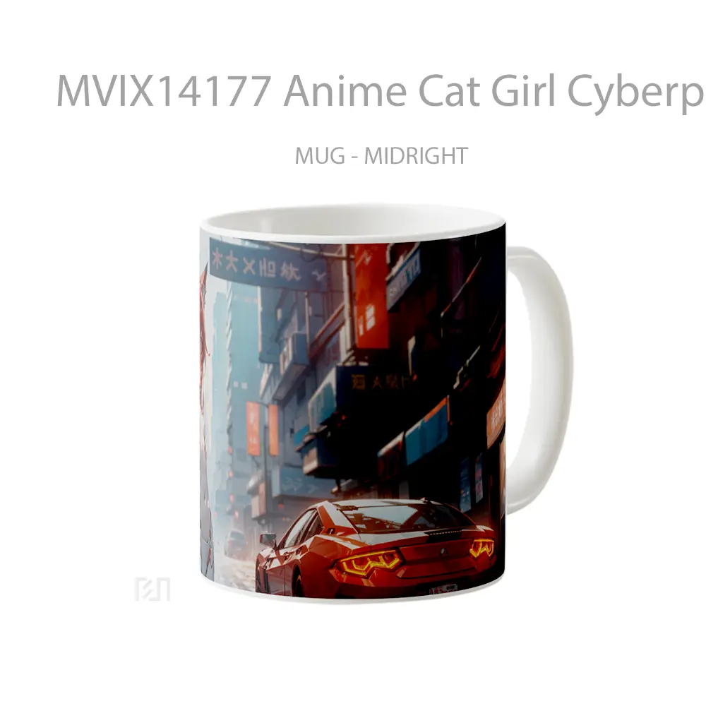 Mug Anime Cat Girl Cyberpunk Red Hair Red Eyes Gelas Hewan Lucu - All-side / Desain
