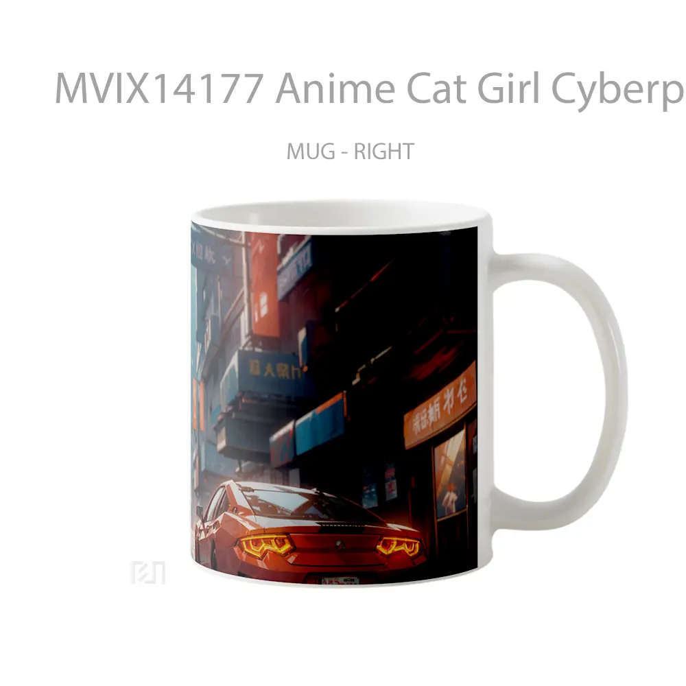 Mug Anime Cat Girl Cyberpunk Red Hair Red Eyes Gelas Hewan Lucu - All-side / Desain
