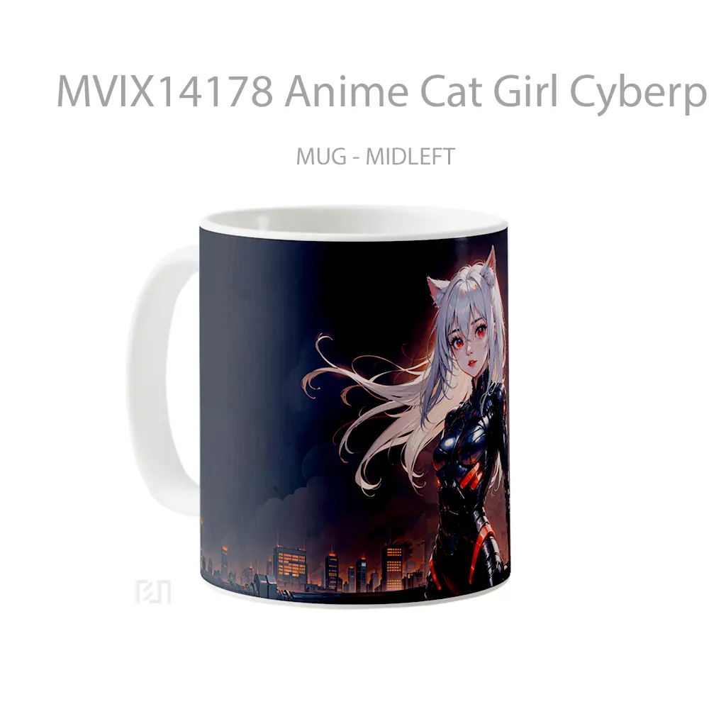 Mug Anime Cat Girl Cyberpunk White Hair Red Eyes Gelas Hewan Lucu - All-side / Desain