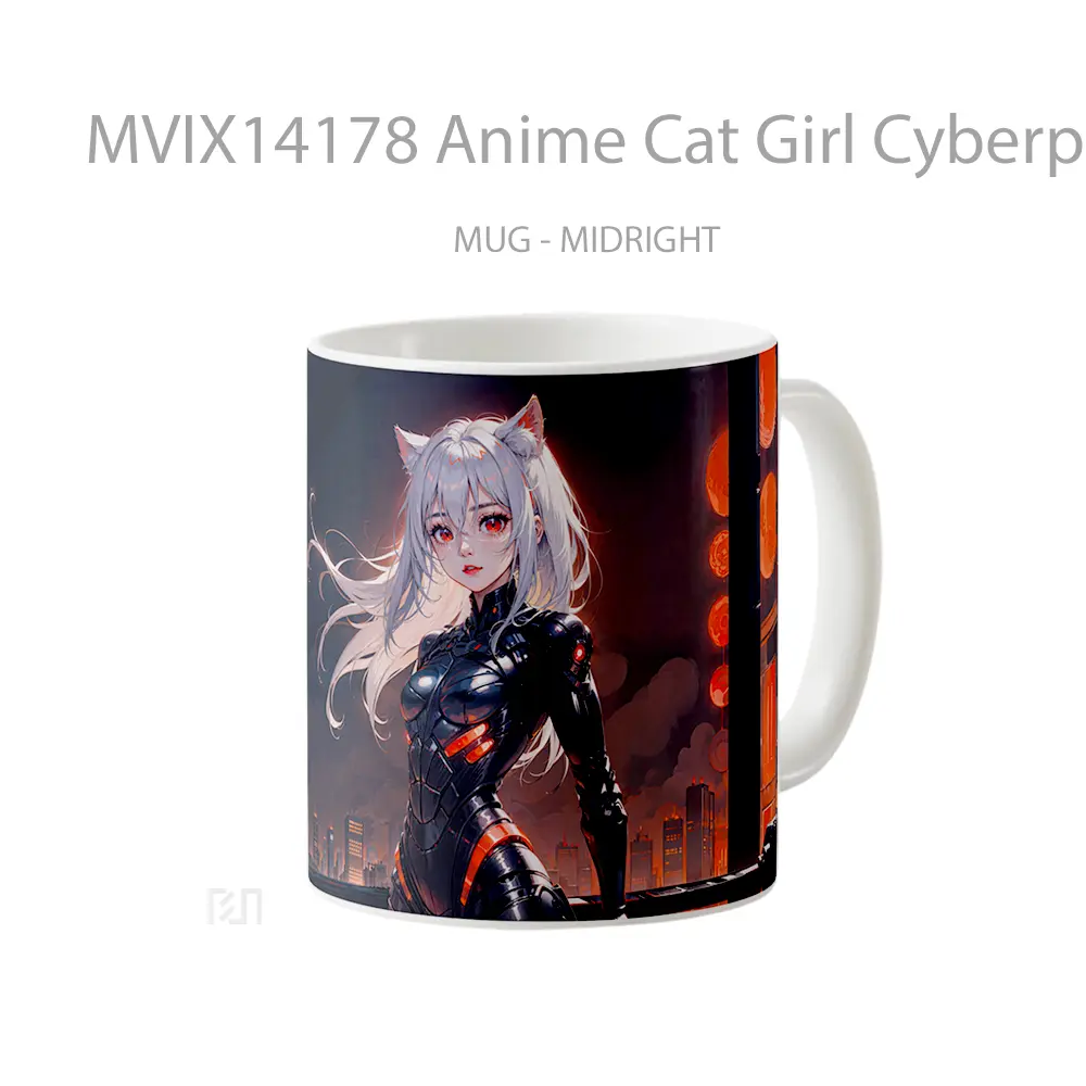 Mug Anime Cat Girl Cyberpunk White Hair Red Eyes Gelas Hewan Lucu - All-side / Desain