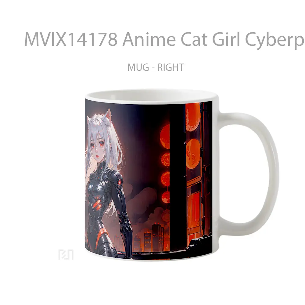 Mug Anime Cat Girl Cyberpunk White Hair Red Eyes Gelas Hewan Lucu - All-side / Desain