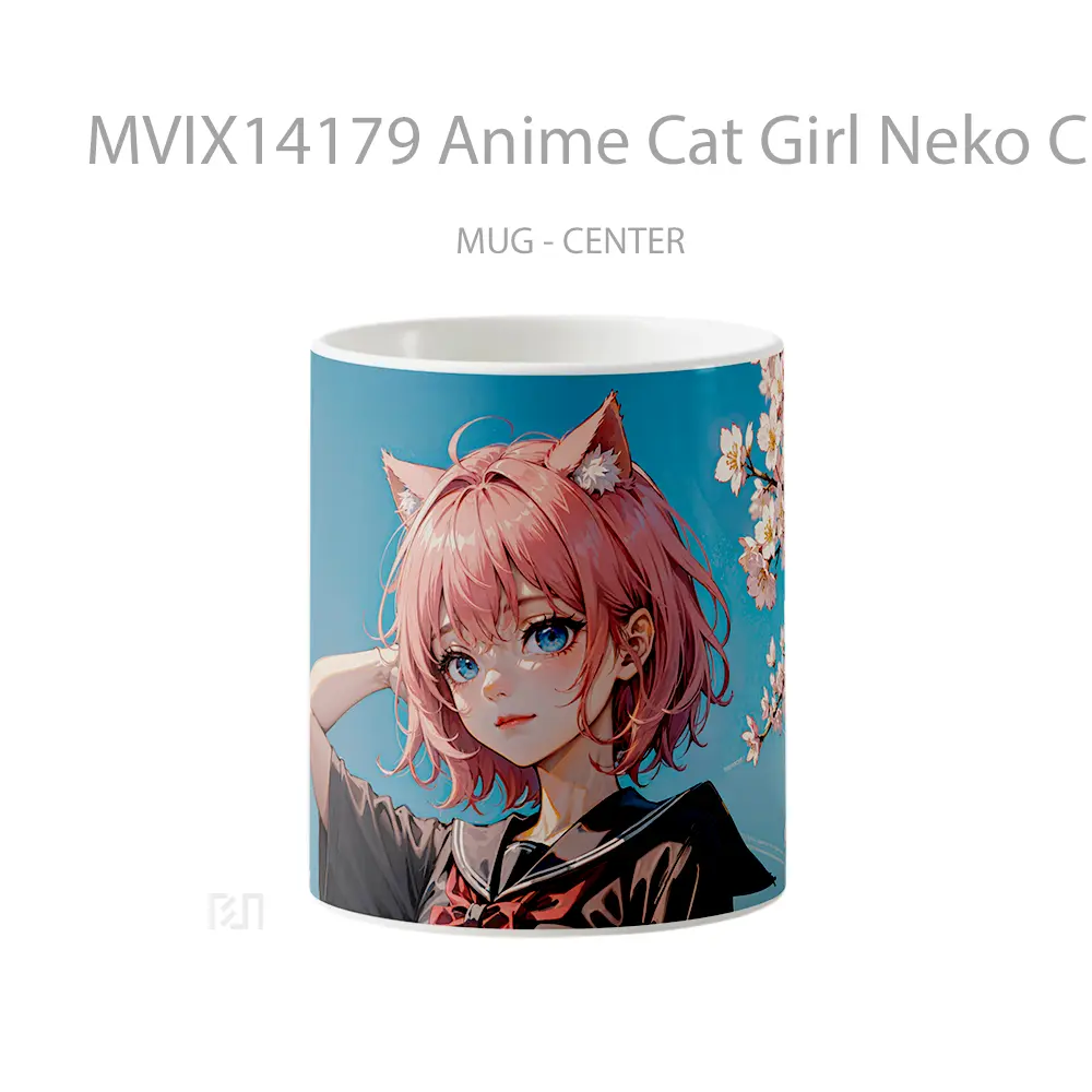 Mug Anime Cat Girl Neko Cherry Blossom Blue Eyes Pink Short Hair Gelas Hewan Lucu