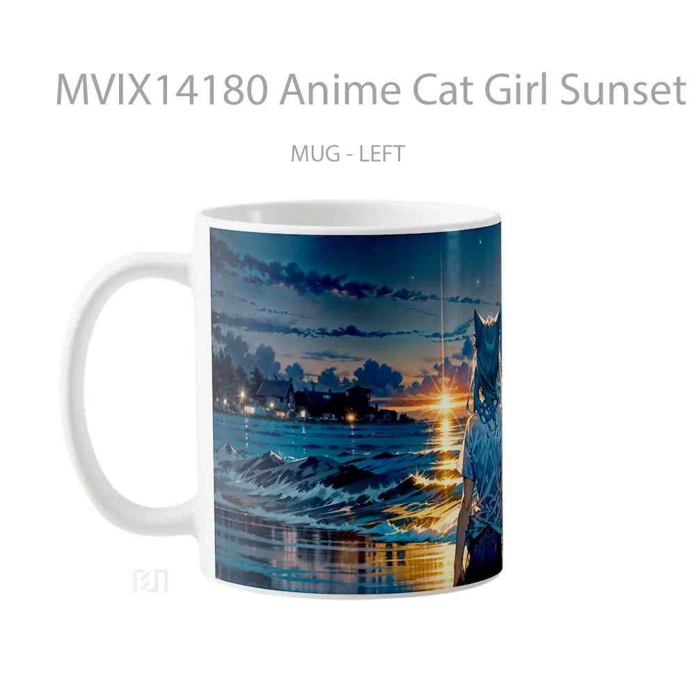 Mug Anime Cat Girl Sunset Beach Ocean Waves Gelas Hewan Lucu - All-side / Desain