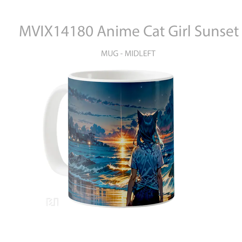 Mug Anime Cat Girl Sunset Beach Ocean Waves Gelas Hewan Lucu - All-side / Desain