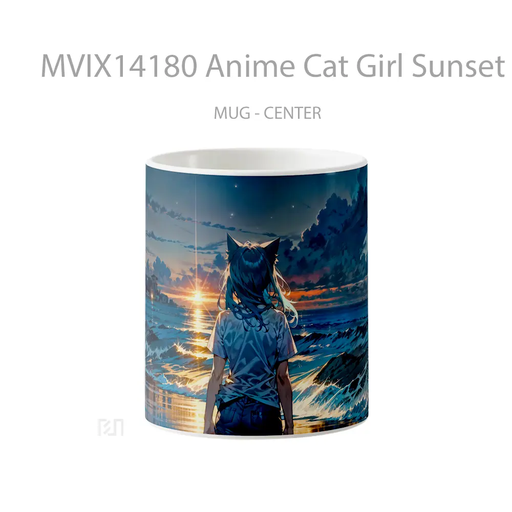 Mug Anime Cat Girl Sunset Beach Ocean Waves Gelas Hewan Lucu