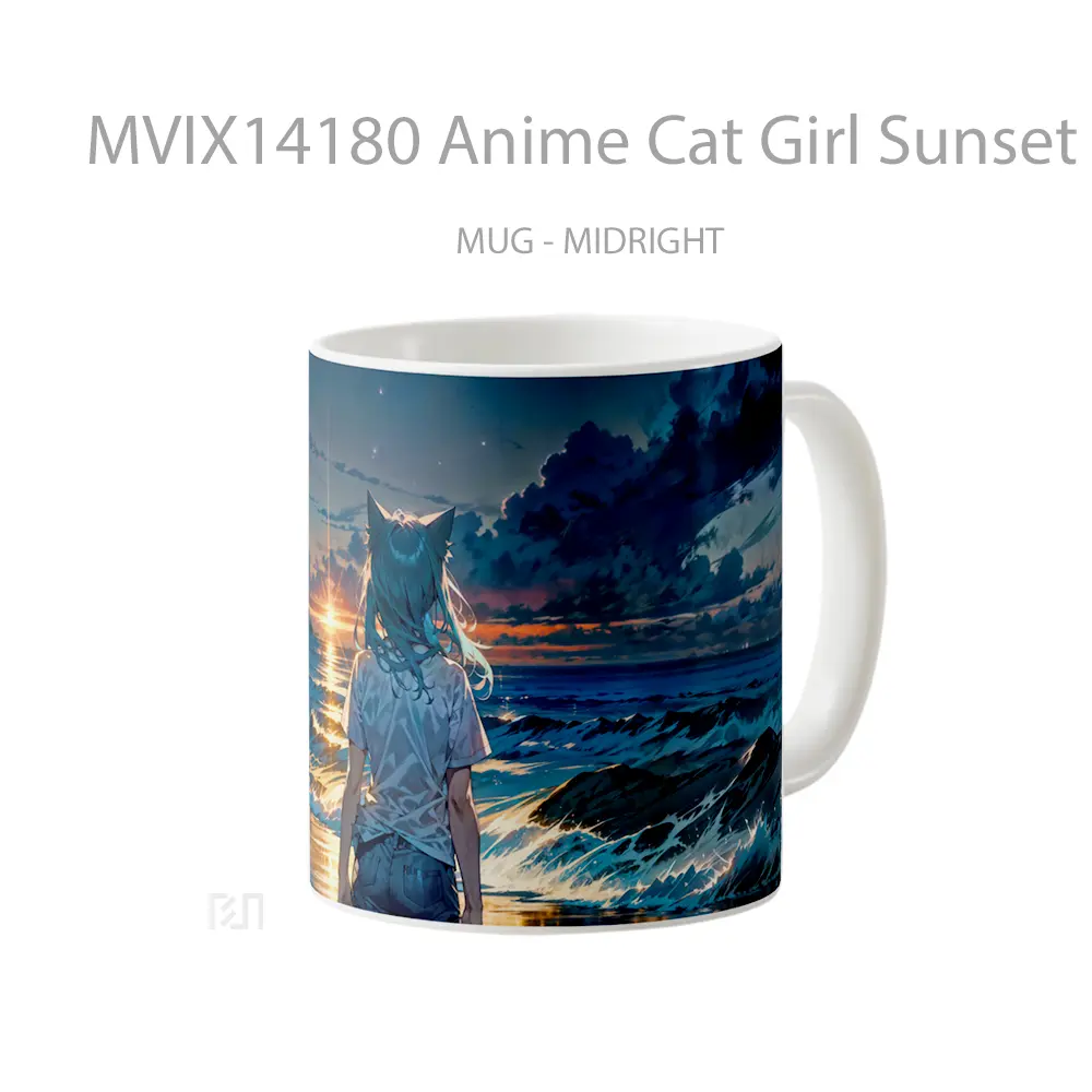 Mug Anime Cat Girl Sunset Beach Ocean Waves Gelas Hewan Lucu - All-side / Desain