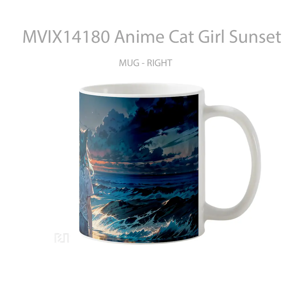 Mug Anime Cat Girl Sunset Beach Ocean Waves Gelas Hewan Lucu - All-side / Desain